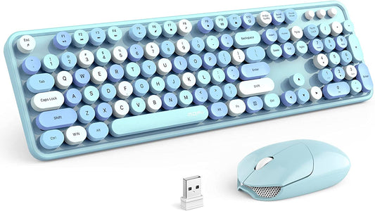 Wireless Keyboard and Mouse Combo, Blue Retro Wireless Keyboard with round Keycaps, 2.4Ghz Dropout-Free Connection, Cute Wireless Mouse, Compatible with Pc/Laptop/Mac/Windows XP/7/8/10 (Blue-Colorful)