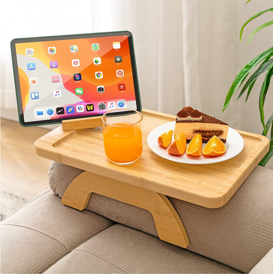 Bamboo Sofa Tray Table Clip on Side Table for Wide Couches Arm, Foldable Couch Tray with 360° Rotating Phone Holder, Armrest Table for Eating/Drinks/Snacks/Remote/Control