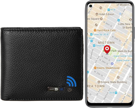 Smart Anti-Lost Bluetooth Tracker Wallet , Position Record (Via Phone GPS), Bifold Cowhide Leather Men'S Wallets (Black)