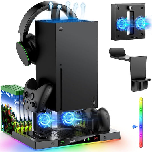 Upgraded RGB Cooling Fan Charging Station for Xbox Series X Console & Controller, Wireless Dual Charger Dock & Cooler System Stand with 15 Colorful Light Modes for Xbox Series X & Accessories Storage