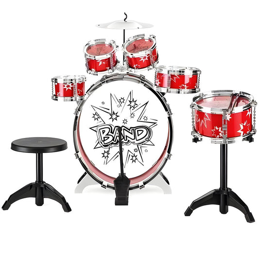 11-Piece Kids Starter Drum Set with Bass Drum, Tom Drums, Snare, Cymbal, Stool, Drumsticks - Red