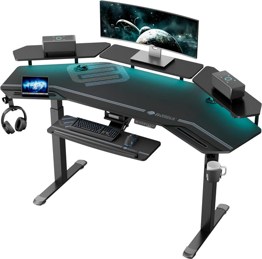Gaming Desk, Standing Desk Keyboard Tray, 72" Wing Shaped Music Studio Desk Electric Adjustable Height Desk Sit Stand Desk with LED Shelves, Gaming Recording Live Stream, Slot Design